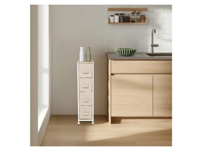 Kompakter Küchenschrank mit Schubladen, neben Spüle und Gewürzregal.