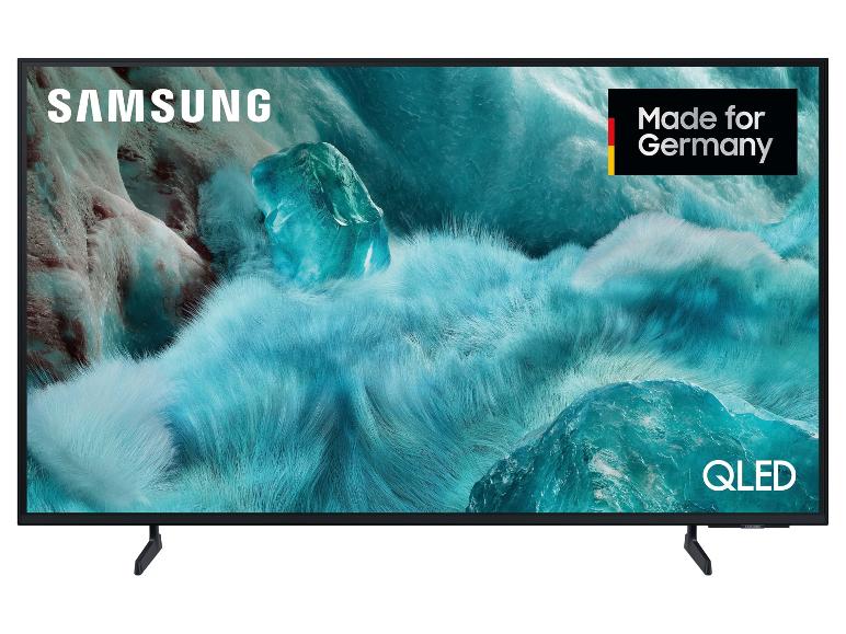 Fernseher mit QLED-Bildschirm und dem Schriftzug „Made for Germany“.