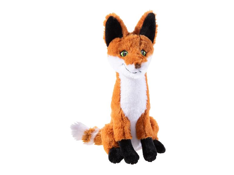 Orange-weißes Fuchs-Plüschtier mit grünen Augen, sitzend