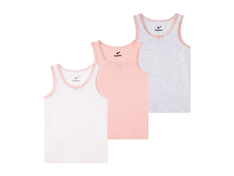 Drei Lupilu Tanktops für Mädchen: gestreift, rosa und grau.