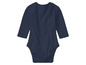 Ein dunkelblauer Baby-Body mit langen Ärmeln.