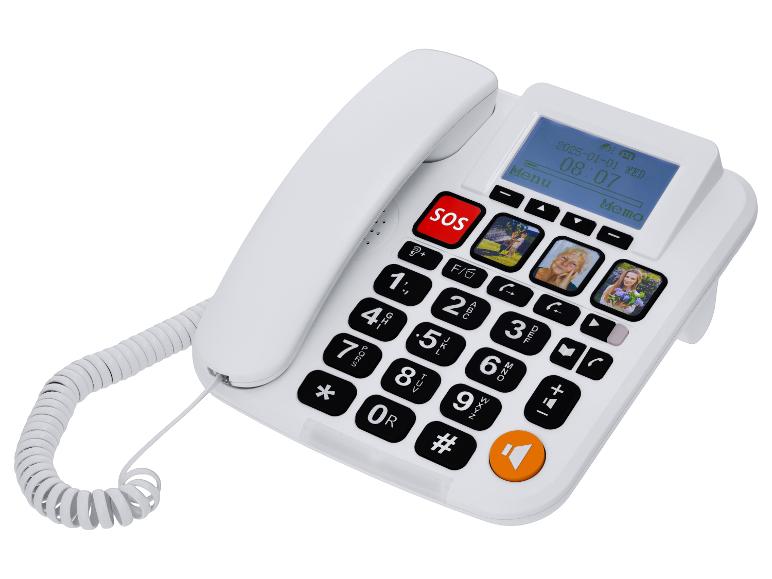 Weißes Festnetztelefon mit großen Tasten, Digitalanzeige und Bildtasten für Kurzwahl.