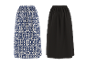 Zwei Damen-Maxiröcke: einer mit blau-weißem Ikat-Muster, einer unifarben schwarz.