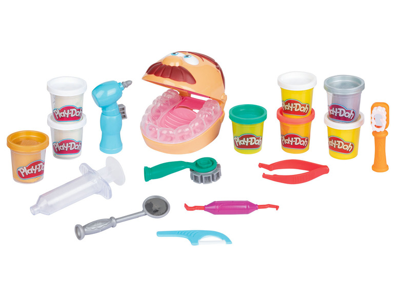 Play-Doh Zahnarzt-Set mit Mundmodell, Werkzeug und Knete.