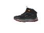 Schwarzer hoher Wanderschuh mit orangefarbenen Akzenten und burgunderroter Sohle, mit „WATERPROOF“-Aufschrift.