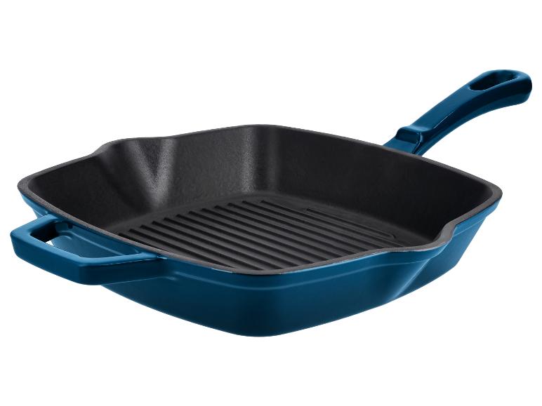 Blaue quadratische Gusseisen-Grillpfanne mit Griffen.