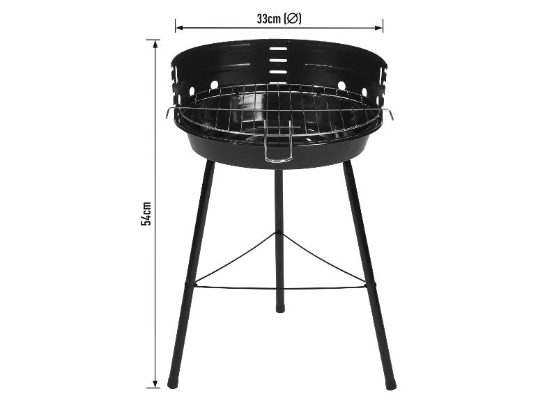 Schwarzer Holzkohlegrill mit einem Durchmesser von 33 cm und einer Höhe von 54 cm.