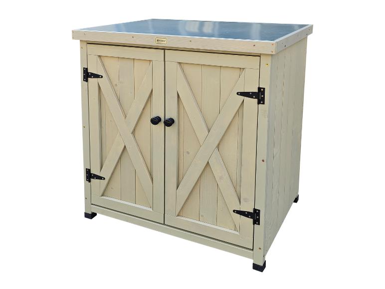 Holzschrank mit zwei Türen und schwarzem Dach, ideal für die Aufbewahrung im Freien
