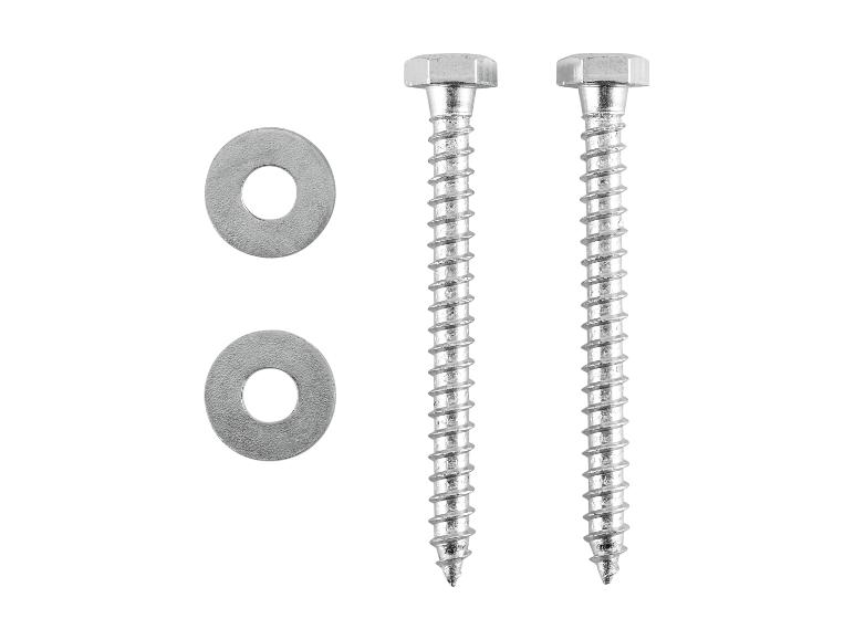 Zwei Sechskant-Holzschrauben und zwei Unterlegscheiben aus Metall.