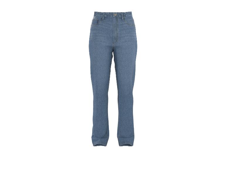 Eine blaue Jeans mit hohem Bund.