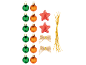 Weihnachtsbaumschmuck-Set mit grünen und orangefarbenen Kugeln, roten Sternen und Schleifen