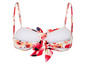 Ein weißer Bikini mit rotem Blumenmuster und Schleifen.