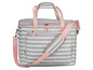 Eine grau- und rosafarbene Kühltasche mit Streifen, Griffen und Schultergurt.