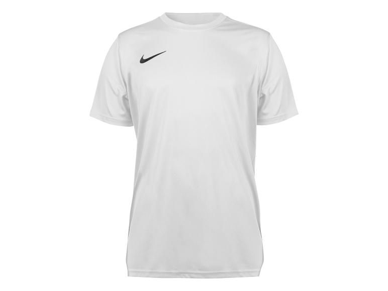 Weißes kurzärmeliges Sport-T-Shirt mit kleinem schwarzem Logo auf der Brust