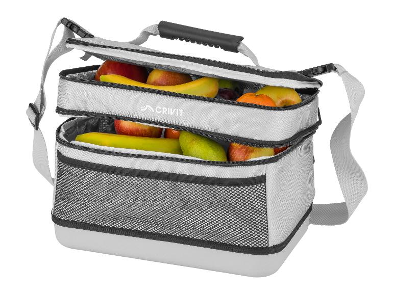 Graue Kühltasche mit Früchten, zwei Fächern und Schultergurt.