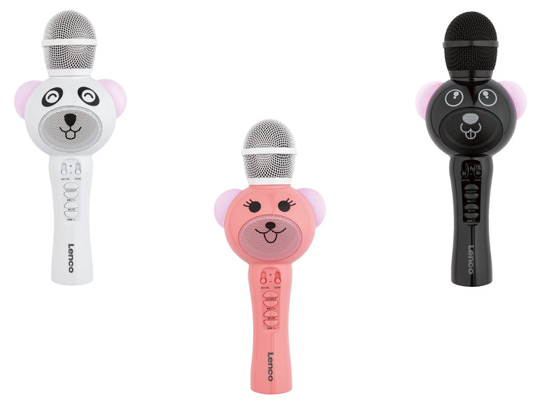 Drei drahtlose Karaoke-Mikrofone mit Bärenmotiv in Weiß, Schwarz und Rosa der Marke Lenco.