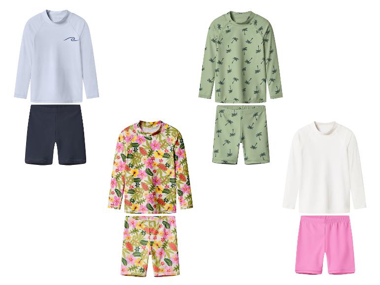 Kinder-Langarm-Badeshirt- und Badeshorts-Sets in verschiedenen Farben und Mustern.