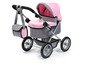 Ein rosa und grauer Puppenwagen mit einer passenden Tasche.