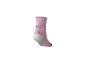 Rosa Kindersocke mit Zeichentrickfigur, weißer Ferse und blauer Spitze.