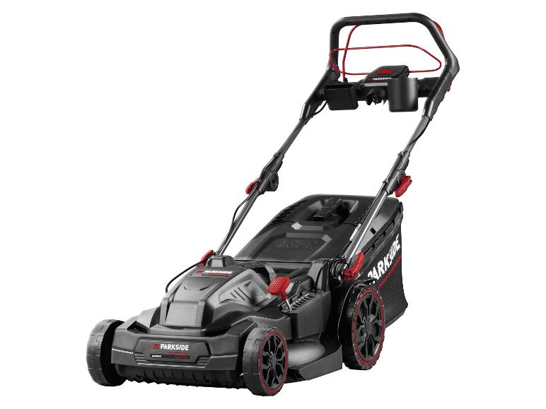 Schwarz-roter Elektrorasenmäher mit Grasfangsack