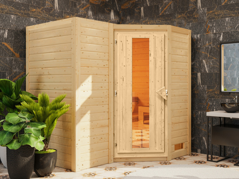 Gehe zu Vollbildansicht: Karibu Indoor-Sauna »Aspby«, Eckeinstieg, 9 kW Ofen - Bild 124