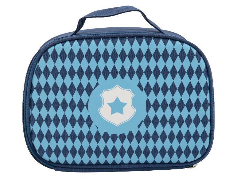 Blaue Lunchtasche mit Rautenmuster und einem Schild-Logo mit Stern.