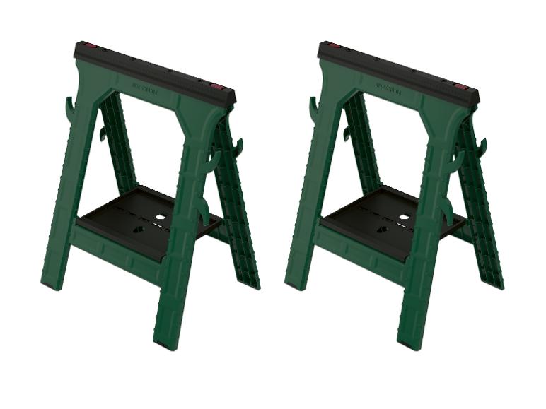 Zwei grüne Parkside-Sägeböcke mit schwarzen Oberteilen und Maßbändern.