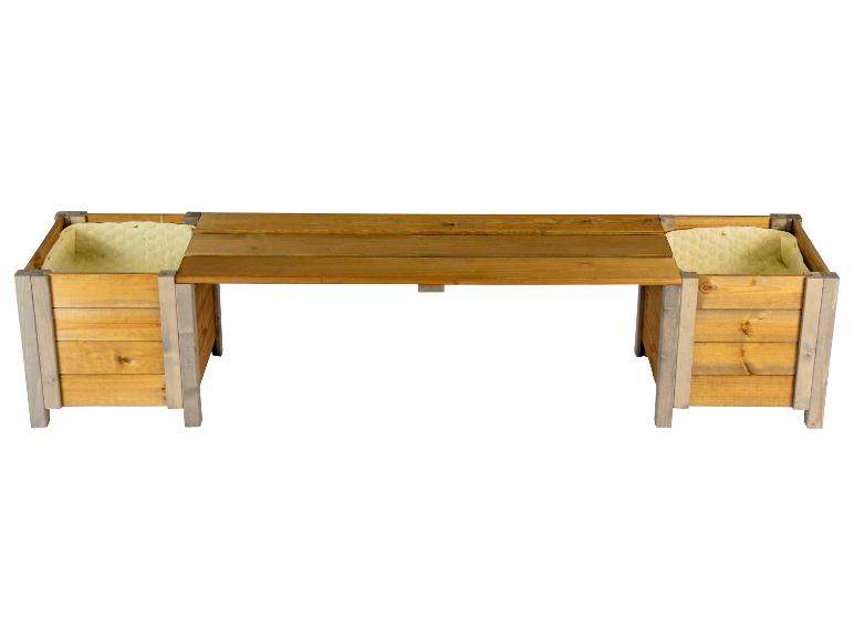 Holzbank mit zwei Pflanzkästen, ausgekleidet mit hellem Stoff.