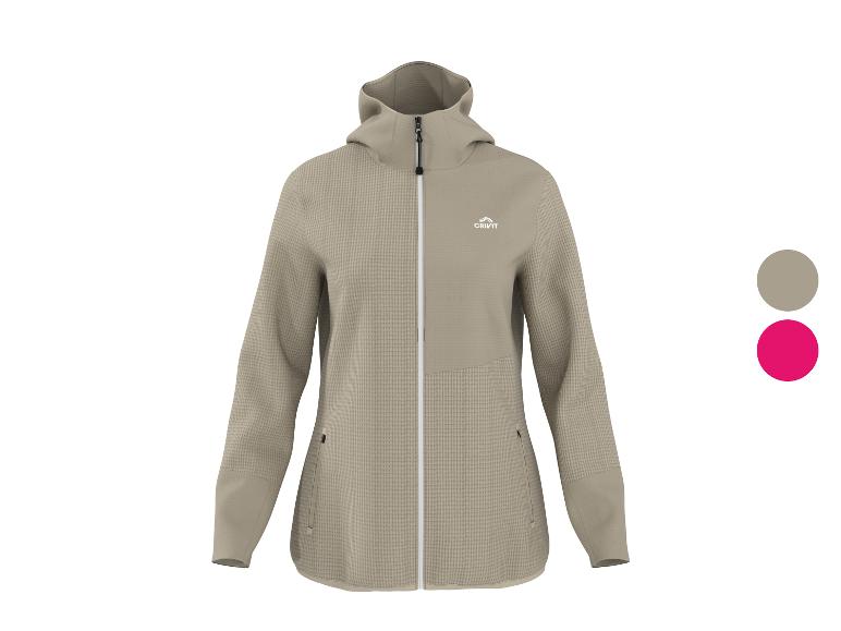 Beiger Kapuzenpullover mit Reißverschluss und Waffelstruktur, mit zwei Farbmustern.