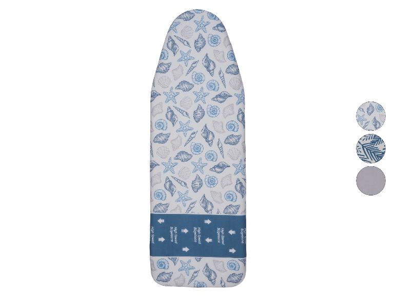 Bügelbrettbezug mit blau-weißem Muschelmuster, mit einem 'High Speed Bügelzone' Band.