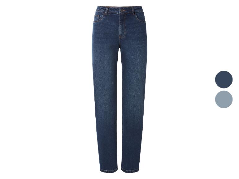 Dunkelblaue Straight-Fit-Jeans, mit zwei Farbmustern daneben.