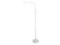 Weiße LED-Stehlampe mit rundem Fuß und gebogenem Arm.