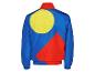 Blaue Trainingsjacke mit gelbem und rotem geometrischem Design auf dem Rücken