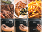 Drei Gerichte: Pulled Beef, Hähnchen mit Nudeln und Brokkoli, Pommes Frites und ein Küchengerät.