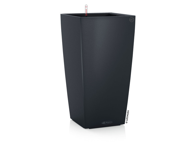 Ein schwarzer Lechuza Blumentopf mit Wasserstandsanzeige.