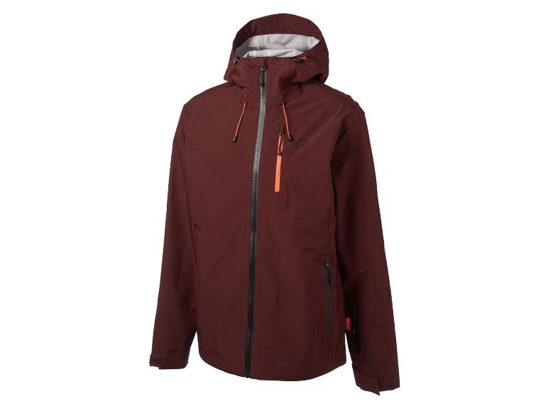 Dunkelbraune Skijacke mit orangefarbenen Reißverschlüssen und Kapuze.