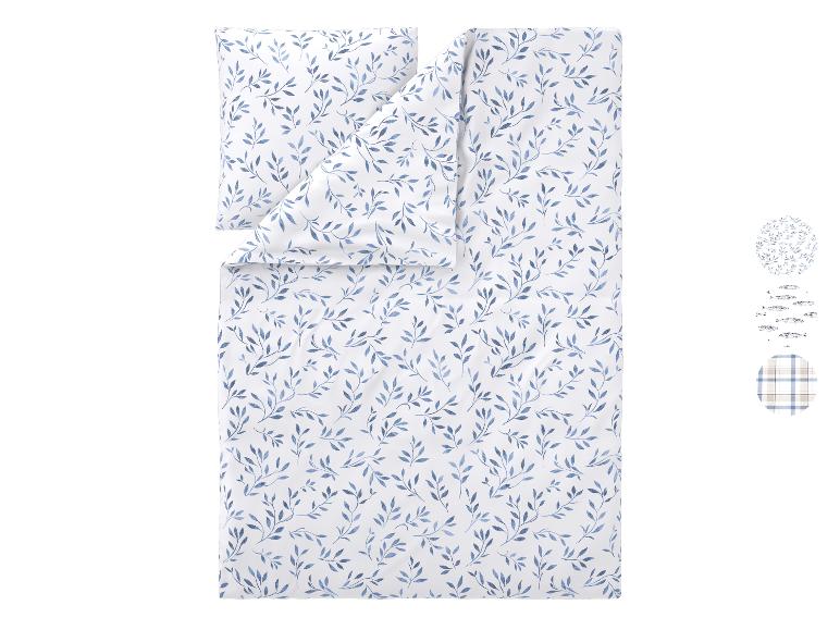 Bettwäsche-Set mit blauem Blattmuster und zusätzlichen Mustern.