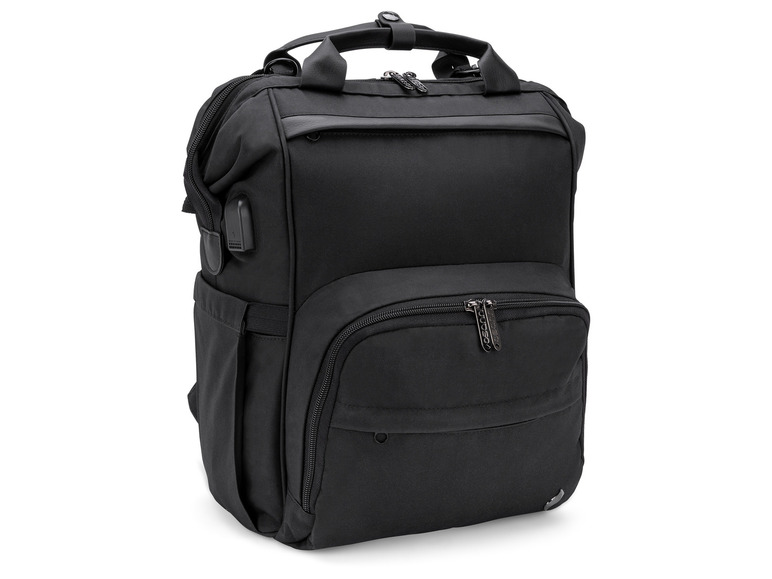 Ein schwarzer Rucksack mit einem kleinen Frontfach und einem großen Hauptfach.