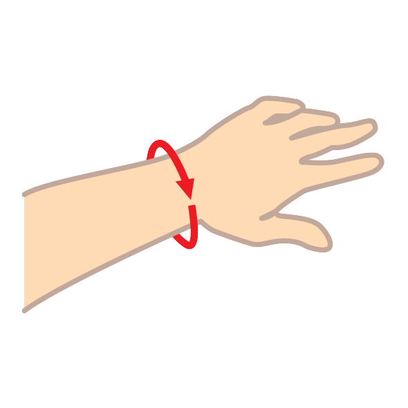 Hand mit einem roten Pfeil am Handgelenk, der eine kreisförmige Bewegung anzeigt.