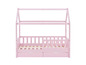 Ein rosa Kinderbett mit Hausdach und Schubladen.
