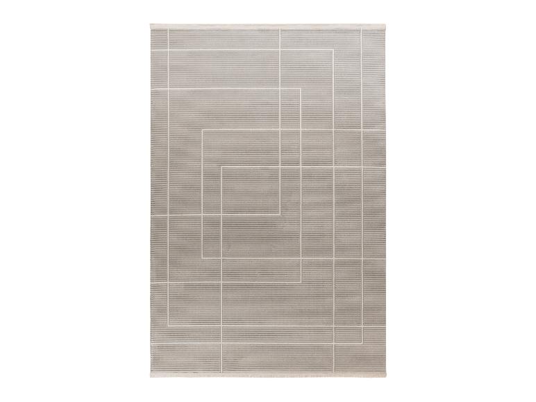 Grauer rechteckiger Teppich mit einem geometrischen Muster aus weißen Linien.