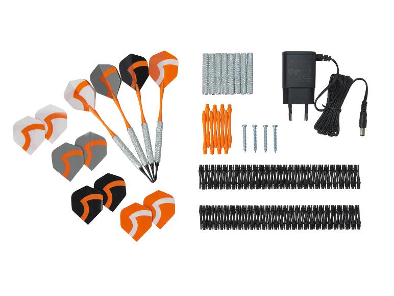 Dart-Set mit zusätzlichen Flights, Schäften, Spitzen, Schrauben und Netzteil.