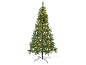 Grüner künstlicher Weihnachtsbaum mit warmweißen LED-Lichtern, auf schwarzem Hintergrund.
