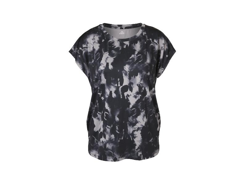 Damen-T-Shirt mit grau-schwarzem Batikmuster.
