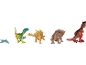 Eine Reihe von fünf Dinosaurier-Spielzeugen, darunter ein Pterodaktylus, Velociraptor, Stegosaurus, Triceratops und T-Rex.