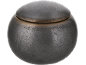 Dunkelgraues kugelförmiges Keramikgefäß mit Deckel, mit strukturierter, gesprenkelter Oberfläche.