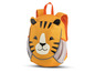 Ein orangefarbener Rucksack mit Tigergesicht.