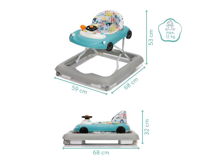 Baby-Lauflernhilfe im Auto-Design, zeigt Maße und maximale Gewichtskapazität von 12 kg.