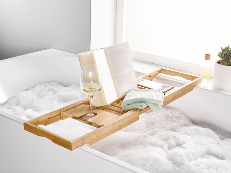 Gehe zu Vollbildansicht: LIVARNO home Bambus-Badewannentablett, mit Smartphoneablage, Weinglashalter und Buchstütze - Bild 4