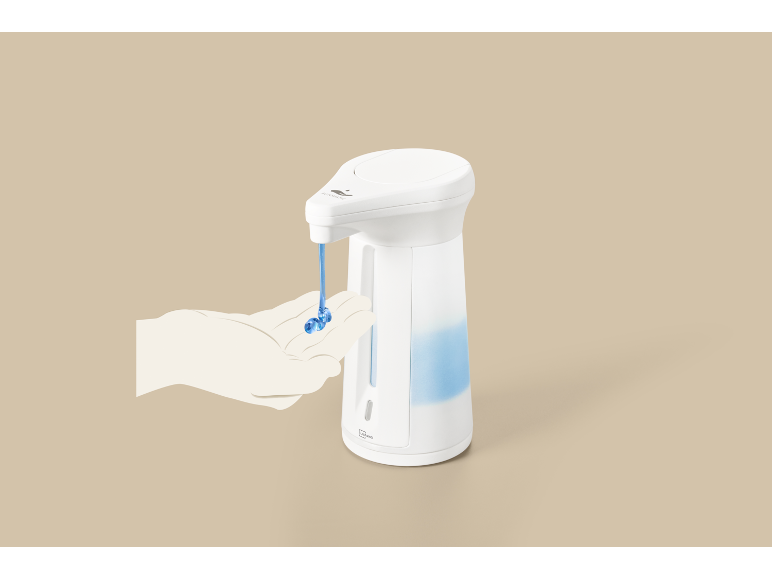 Weißer automatischer Seifenspender mit blauer Seife, die in eine Hand abgegeben wird.